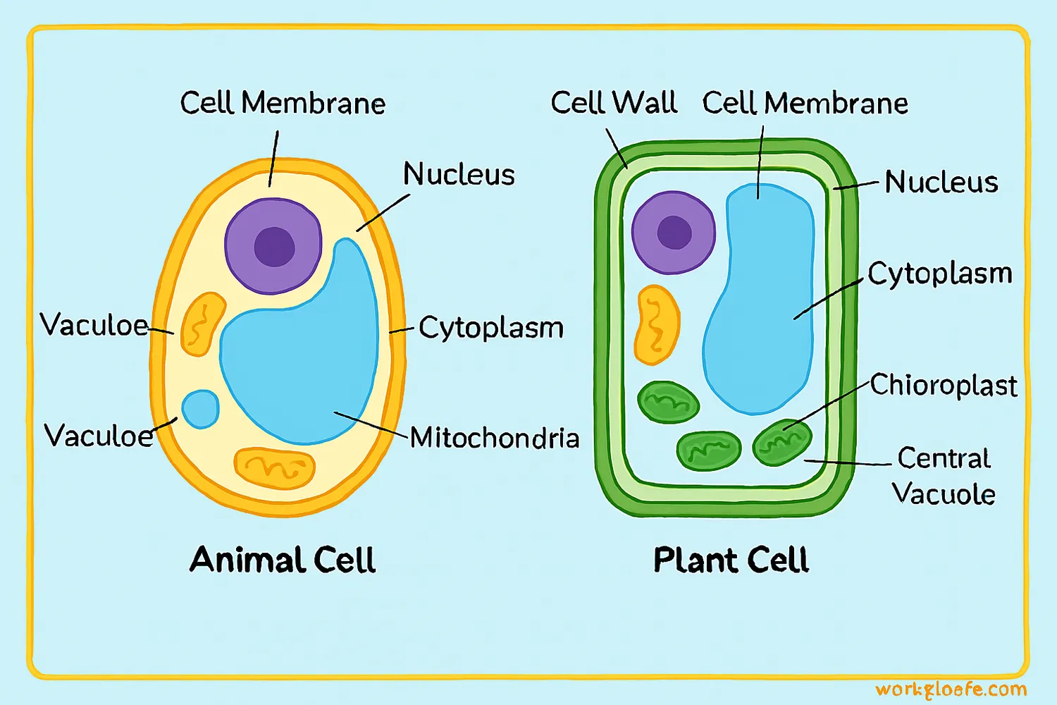 Wide diagram showing labeled plant and animal cells with full organelles and no cropping.